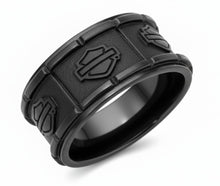 Load image into Gallery viewer, Harley-Davidson ® Men's Black Bar &amp; Shield Biker Ring - 12mm Stainless Steel Comfort Fit Wedding Band   Available in Sizes 9-14 HSR0038 image 1