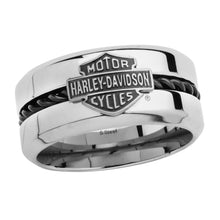 Load image into Gallery viewer, Harley-Davidson® Black Cable B&amp;S Logo 12mm Ring Men's Wedding Band Stainless Steel  HSR0032 image 1
