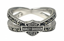 Load image into Gallery viewer, Ladies Harley-Davidson® Marcasite Bling Crisscross B&amp;S Logo Ring Sterling Silver  HRD0385 image 1