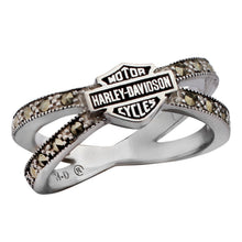 Load image into Gallery viewer, Ladies Harley-Davidson® Marcasite Bling Crisscross B&amp;S Logo Ring Sterling Silver  HRD0385 image 3