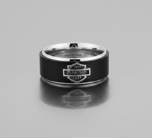 Load image into Gallery viewer, Harley-Davidson® Black Wedding Band B&amp;S Logo Ring Men's Comfort Fit Stainless Steel <BR>FREE SHIPPING<BR> HSR0001