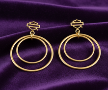 Load image into Gallery viewer, Harley-Davidson® Double Hoop B&amp;S Logo 35mm Post Earrings Gold Plated <br>HSE0006