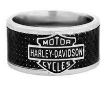Load image into Gallery viewer, Harley-Davidson® Bar &amp; Shield Logo Textured Black Carbon Fiber Ring Wide Band HSR0010