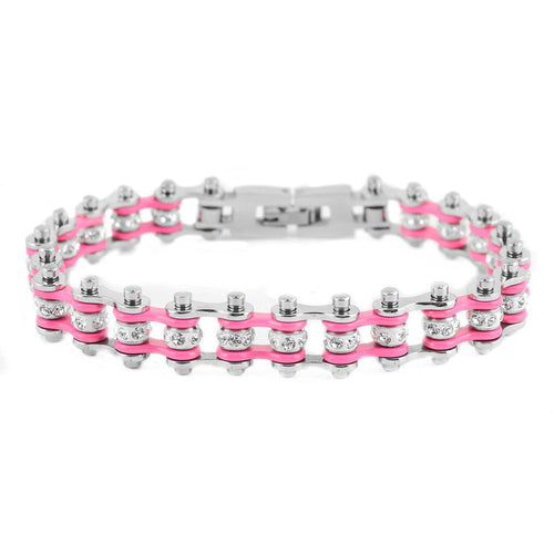 Biker Jewelry Ladies Motorcycle Bike Chain Bracelet Stainless Steel Silver & Pink SB102