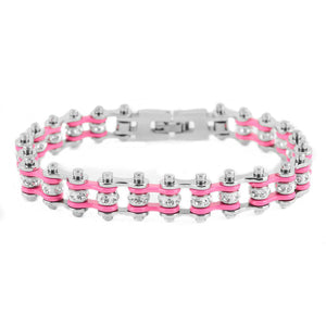 Biker Jewelry Ladies Motorcycle Bike Chain Bracelet Stainless Steel Silver & Pink SB102