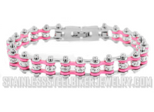 Load image into Gallery viewer, Biker Jewelry Ladies Motorcycle Bike Chain Bracelet Stainless Steel Silver &amp; Pink<br> SB102