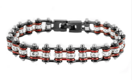 Womens Motorcycle Bike Chain Tennis Bracelet Stainless Steel Black & Electric Red SB103