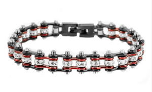 Womens Motorcycle Bike Chain Tennis Bracelet Stainless Steel Black & Electric Red SB103