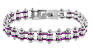 Women's Motorcycle Bike Chain Bracelet Stainless Steel Silver & Candy Purple SB104