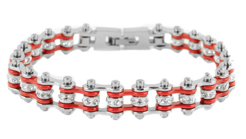 Womens Motorcycle Bike Chain Tennis Bracelet Stainless Steel Silver / Red SB105