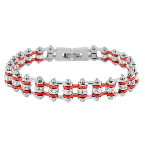 Ladies Motorcycle Bike Chain Bracelet Stainless Steel Silver & Electric Red SB106
