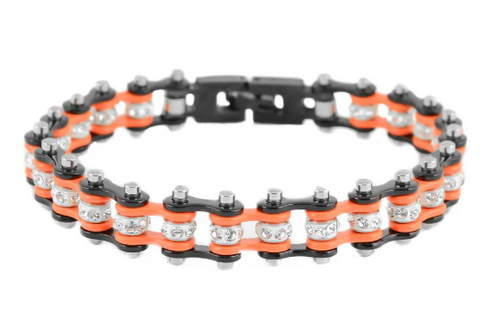 Ladies Motorcycle Bike Chain Bracelet Stainless Steel Black & Orange SB108