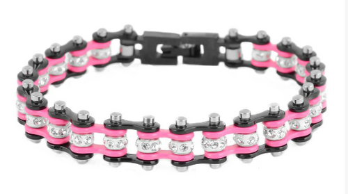 Ladies Motorcycle 8mm Bike Chain Tennis Bracelet Stainless Steel Black & Pink SB109