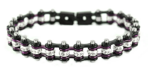 Ladies Motorcycle Biker Tennis Bracelet Stainless Steel Black & Candy Purple SB112