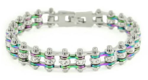 Ladies Motorcycle Bike Chain Bracelet Stainless Steel Silver & Iridescent SB114