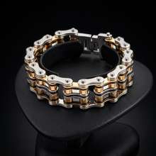 Load image into Gallery viewer, 24mm Tri-Colored Primary Bike Chain Bracelet Silver, Gold &amp; Black Men's Stainless Steel SB118