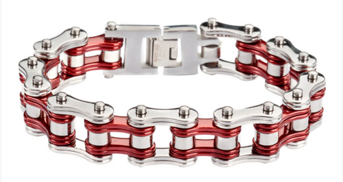 Biker Jewelry Men's Motorcycle Bike Chain Bracelet Stainless Steel Silver/Red Double Link SB1230