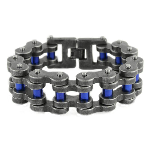 Heavy Metal Jewelry Men's Motorcycle Bike Chain Bracelet Distressed and Blue Stainless Steel SB123