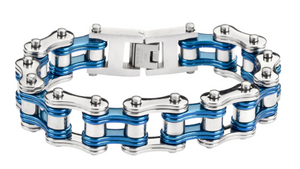 Biker Jewelry Men's Motorcycle Bike Chain Bracelet Stainless Steel Silver with Vintage Blue Double Link SB1240