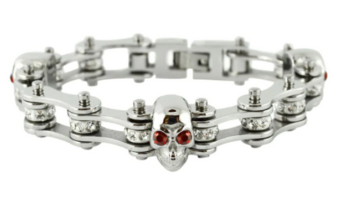 Ladies Motorcycle Bike Chain Stainless Steel Bracelet Red Eyed Skulls SB133