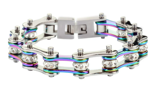 Ladies Motorcycle Bike Chain Bracelet Stainless Steel Bracelet Silver and Iridescent SB135