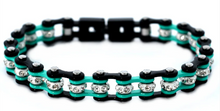 Load image into Gallery viewer, Heavy Metal Jewelry Ladies Motorcycle Bike Chain Bracelet Stainless Steel Black &amp; Turquoise SB148