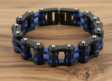 Load image into Gallery viewer, 16mm Black with Blue Line Bike Chain Bracelet Stainless Steel Police Edition SB150