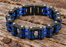 Load image into Gallery viewer, 16mm Black with Blue Line Bike Chain Bracelet Stainless Steel Police Edition SB150