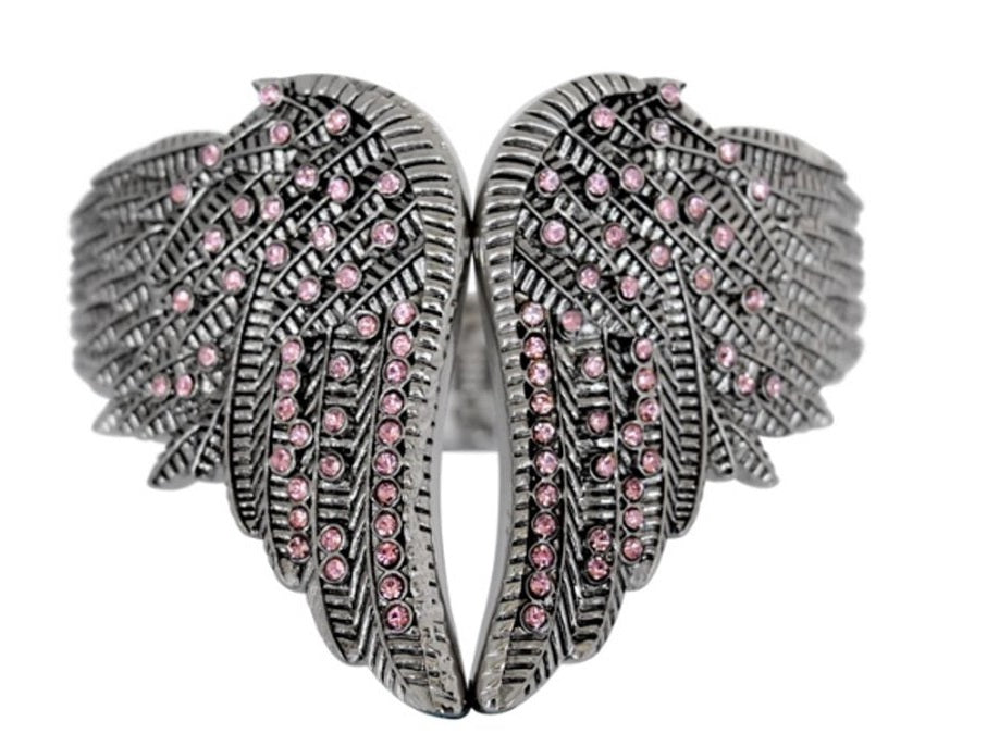 Heavy Metal Jewelry Ladies Angel Wings Biker Cuff Bangle Bracelet Pink Crystals Stainless Steel SB157