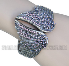 Load image into Gallery viewer, Ladies Angel Wings Cuff Bangle Bracelet Pink Crystals Stainless Steel SB157