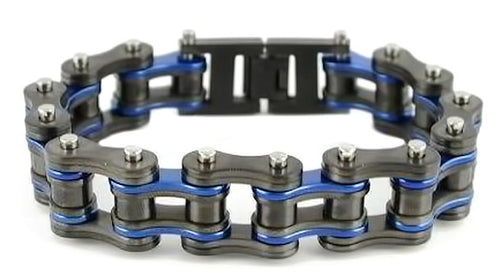 Heavy Metal Jewelry Men's Motorcycle Bike Chain Bracelet Stainless Steel Gunmetal & Electric Police Blue