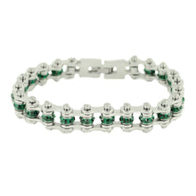 Load image into Gallery viewer, Heavy Metal Jewelry Ladies Mini Bike Chain Stainless Steel Bracelet May Emerald Imitation Crystals SB169