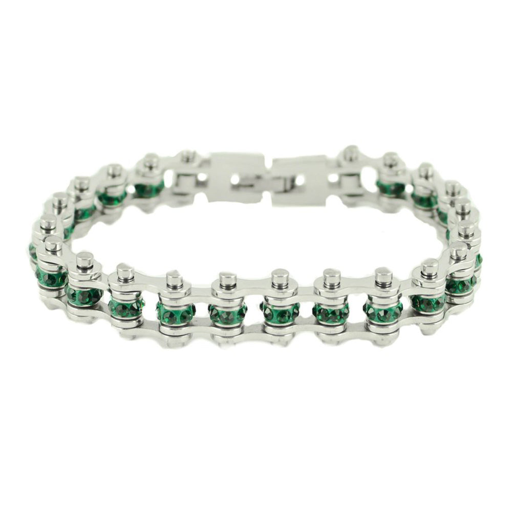 Heavy Metal Jewelry Ladies Mini Bike Chain Stainless Steel Bracelet May Emerald Imitation Crystals SB169