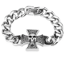 Load image into Gallery viewer, Men's Iron Cross &amp; Skull 16mm Curb Link Bracelet Stainless Steel SB16