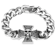 Men's Iron Cross & Skull 16mm Curb Link Bracelet Stainless Steel SB16