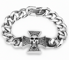 Load image into Gallery viewer, Iron Cross &amp; Skull Biker Bracelet Curb Link Stainless Steel SB16