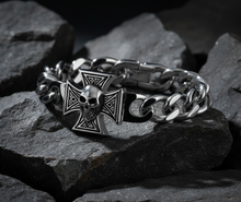 Load image into Gallery viewer, Iron Cross &amp; Skull Biker Bracelet Curb Link Stainless Steel SB16