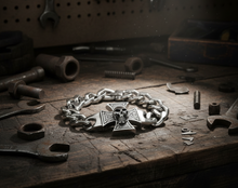 Load image into Gallery viewer, Iron Cross &amp; Skull Biker Bracelet Curb Link Stainless Steel SB16