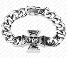 Load image into Gallery viewer, Men's Iron Cross &amp; Skull 16mm Curb Link Bracelet Stainless Steel SB16