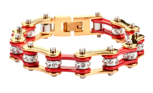 Heavy Metal Jewelry Ladies Motorcycle Bike Chain Stainless Steel Bracelet Gold and Red SB174