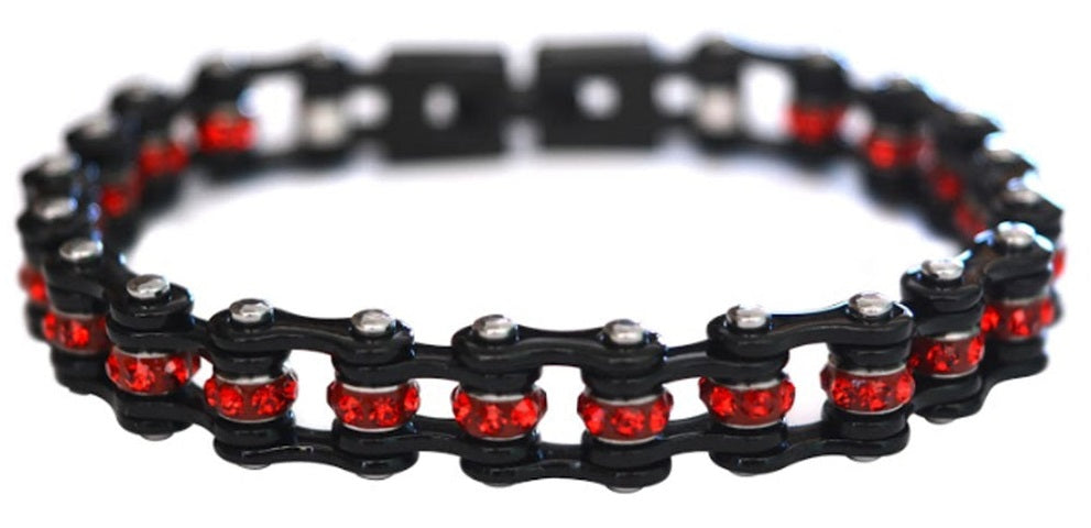 Biker Tennis Ladies Black with Red Crystal Stainless Steel Motorcycle Bike Chain Bracelet SB184