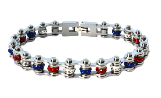 Ladies Stainless Red, White and Blue Motorcycle Biker Tennis Bracelet