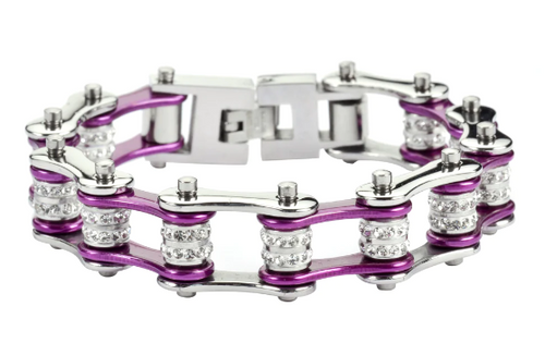 Heavy Metal Jewelry Ladies Bike Chain Stainless Steel Bracelet Silver/Candy Purple