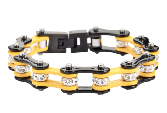 Heavy Metal Jewelry Ladies Motorcycle Bike Chain Stainless Steel Bracelet Black and Yellow