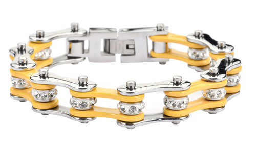 Heavy Metal Jewelry Ladies Motorcycle Bike Chain Stainless Steel Bracelet Silver and Yellow
