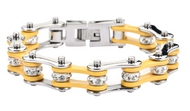 Jewelry Ladies Motorcycle Bike Chain Stainless Steel Tennis Bracelet Silver and Yellow SB201