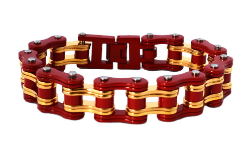 Biker Jewelry Men's Motorcycle Bike Chain Bracelet Stainless Steel Ironman Red & Gold