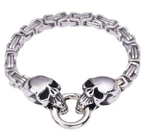 Load image into Gallery viewer, Stainless Steel Byzantine Dual Skull Biker Bracelet