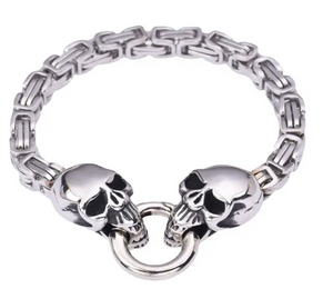 Stainless Steel Byzantine Dual Skull Biker Bracelet