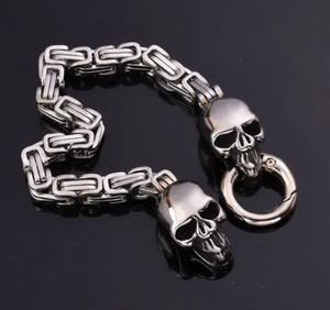 Stainless Steel Byzantine Dual Skull Biker Bracelet